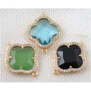 crystal glass four-leaf Clover connector paved zircon, mix color, gold plated, approx 20mm dia