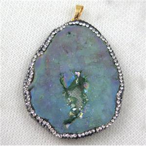 druzy agate slice pendant paved rhinestone, freeform, green AB-color, approx 30-60mm