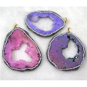 druzy agate slice pendant paved rhinestone, freeform, mix color, approx 30-60mm