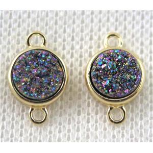 rainbow druzy quartz connector, copper, flat-round, gold plated, approx 8mm dia