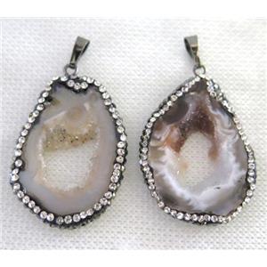 agate druzy slice pendant paved rhinestone, freeform, approx 25-40mm