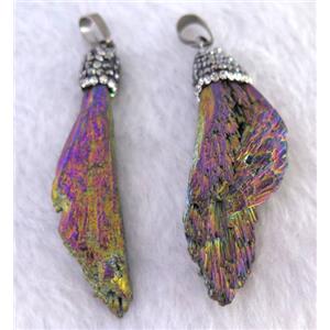 titanium crystal tourmaline pendant pave rhinestone, freeform, rainbow, approx 12-40mm