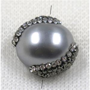 gray pearl shell bead paved rhinestone, flat round, approx 15-20mm