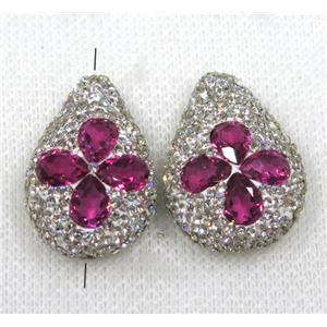 hotpink crystal glass bead paved white rhinestone, teardrop, approx 25-40mm