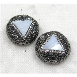 white shell beads paved black rhinestone, flat round, approx 25mm dia