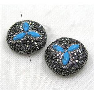 blue turquoise bead paved black rhinestone, flat round, approx 25mm dia