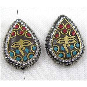 Nepal style turquoise bead paved rhinestone, teardrop, approx 22-30mm