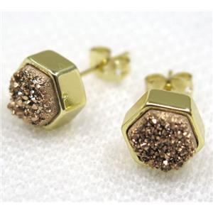 coffee druzy quartz earring studs, hexagon, approx 8mm dia