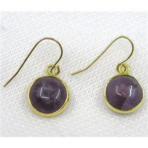 purple Amethyst earring, flat round, gold plated, approx 13mm dia