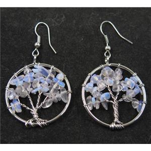 white opalite earring, tree of life, platinum, approx 30mm dia