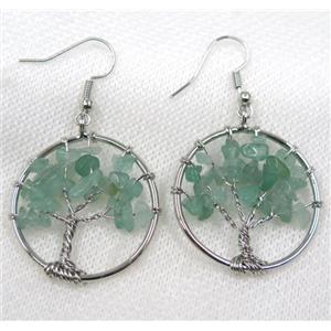 Tree of life earring with green aventurine chips bead, platinum, approx 30mm dia