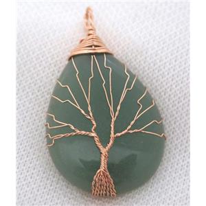 Green Aventurine Teardrop Pendant Tree Of Life Wire Wrapped Rose Gold, approx 30x40mm