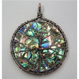 Tree of life Paua Abalone Shell pendant, flat round, wire wrapped, approx 45mm dia