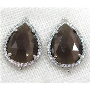 smoky crystal glass connector paved rhinestone, faceted teardrop, platinum plated, approx 13x18mm