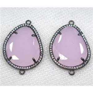 pink crystal glass connector paved rhinestone, faceted teardrop, black plated, approx 20x25mm