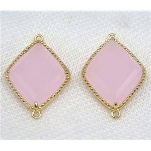 pink crystal glass rhombic connector, gold plated, approx 20x25mm