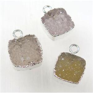 druzy agate pendant, natural color, square, silver plated, approx 12x12mm