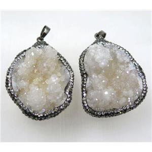 druzy agate pendant paved rhinestone, white AB-color, freeform, approx 25-45mm