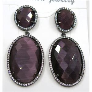 purple cat eye stone earring pave zircon, approx 12x14mm, 20x30mm