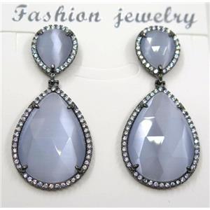 grayblue cat eye stone earring pave zircon, teardrop, approx 10x12mm, 18x25mm