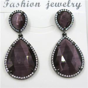 purple cat eye stone earring pave zircon, teardrop, approx 10x12mm, 18x25mm