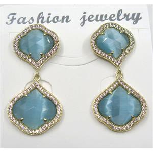 aqua cat eye stone earring pave zircon, clover, approx 13x13mm, 16x16mm