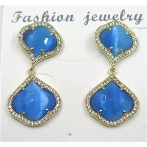 blue cat eye stone earring pave zircon, clover, approx 13x13mm, 16x16mm