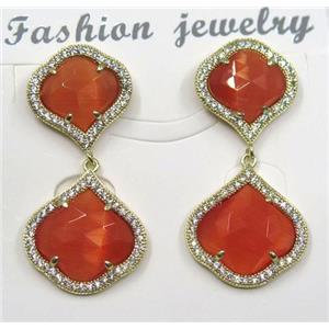 red cat eye stone earring pave zircon, clover, approx 13x13mm, 16x16mm