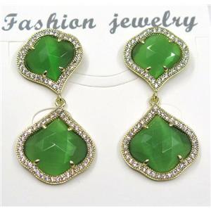 green cat eye stone earring pave zircon, clover, approx 13x13mm, 16x16mm