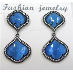 blue cat eye stone earring pave zircon, clover, approx 13x13mm, 16x16mm