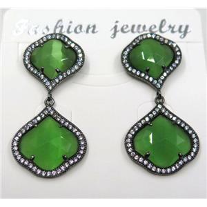 green cat eye stone earring pave zircon, clover, approx 13x13mm, 16x16mm