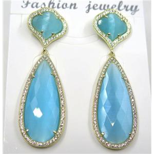 aqua cat eye stone earring pave zircon, droplet, approx 13x13mm, 14x38mm