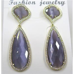 purple cat eye stone earring pave zircon, droplet, approx 13x13mm, 14x38mm