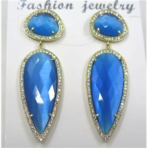 skyblue cat eye stone earring pave zircon, droplet, approx 11x15mm, 14x38mm