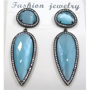 aqua cat eye stone earring pave zircon, droplet, approx 11x15mm, 14x38mm