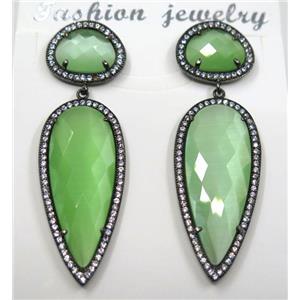 green cat eye stone earring pave zircon, droplet, approx 11x15mm, 14x38mm