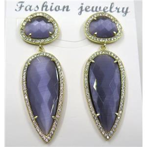 purple cat eye stone earring pave zircon, droplet, approx 11x15mm, 14x38mm