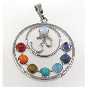 gemstone Chakra pendant, alloy, platinum plated, approx 32mm