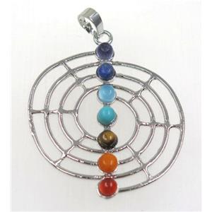 gemstone Chakra pendant, alloy, platinum plated, approx 38-40mm