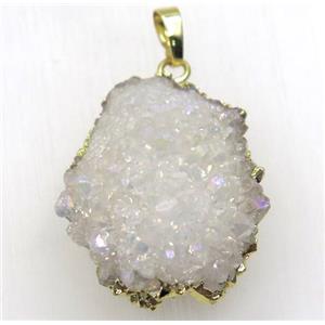 white AB-color solar quartz druzy pendant, freeform, gold plated, approx 25-30mm