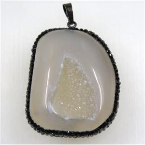 gray Druzy Agate geode pendant paved black rhinestone, freeform, approx 30-50mm