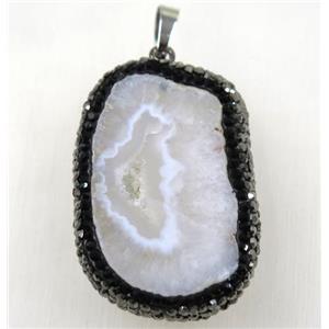 white druzy agate slice pendant paved rhinestone, freeform, approx 25-40mm