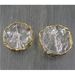 Hammered Clear Quartz beads, flat round, gold plated, approx 16-20mm