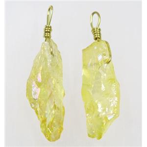 Yellow AB-color Quartz stick pendant, wire wrapped, dye, approx 10-40mm