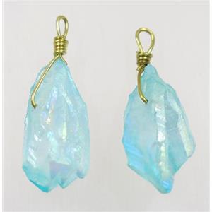 blue AB-color Quartz stick pendant, wire wrapped, dye, approx 10-40mm