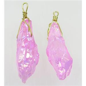 hotpink AB-color Quartz stick pendant, wire wrapped, dye, approx 10-40mm