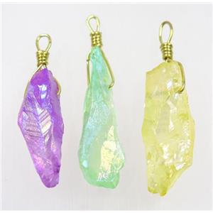 AB-color Quartz stick pendant, wire wrapped, dye, mix color, approx 10-40mm