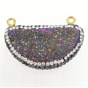 rainbow Druzy Quartz pendant paved rhinestone, half moon, approx 16-32mm