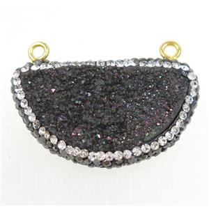 black Druzy Quartz pendant paved rhinestone, half moon, approx 16-32mm