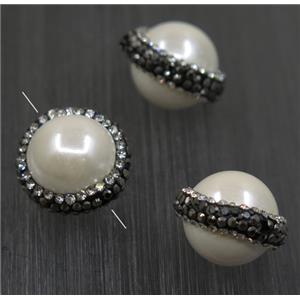 round pearlized shell beads paved rhinestone, approx 15mm dia